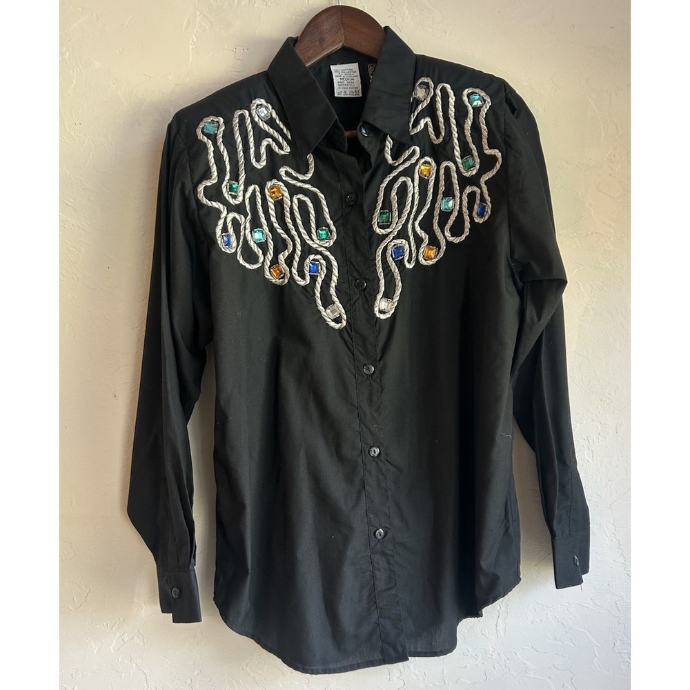 Vintage 80s 90s Pearls Button Up Top M Rhinestone Cowgirl Rodeo Retro Western